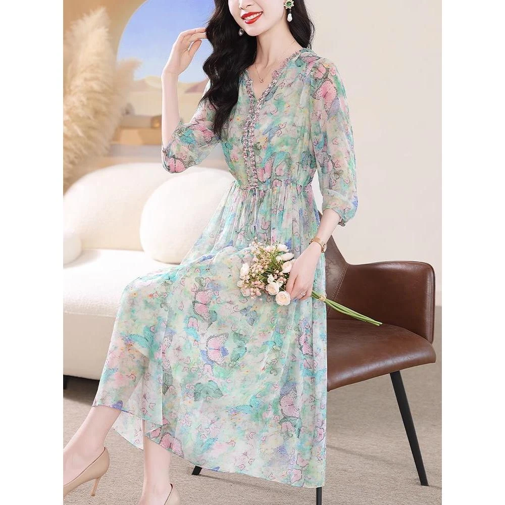 雪纺连衣裙夏季新款高端精致法式轻奢优雅气质裙碎花裙v领33#