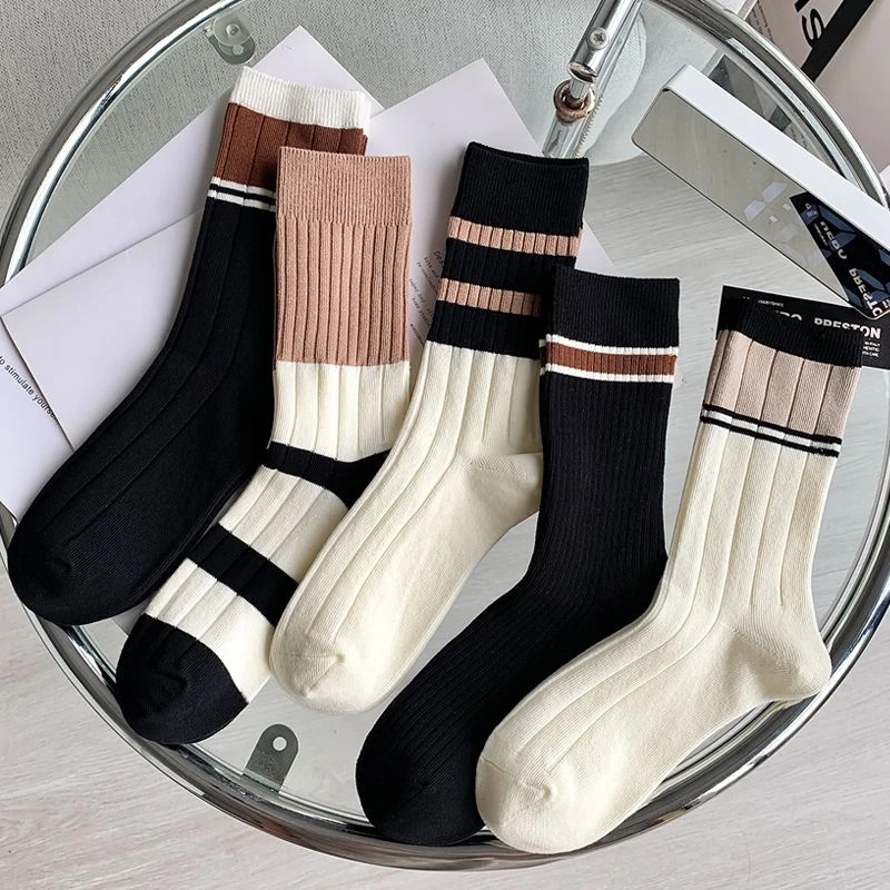 条纹袜子女中筒袜咖色冬天堆堆袜秋冬季网红款潮长筒长袜配鲨鱼裤