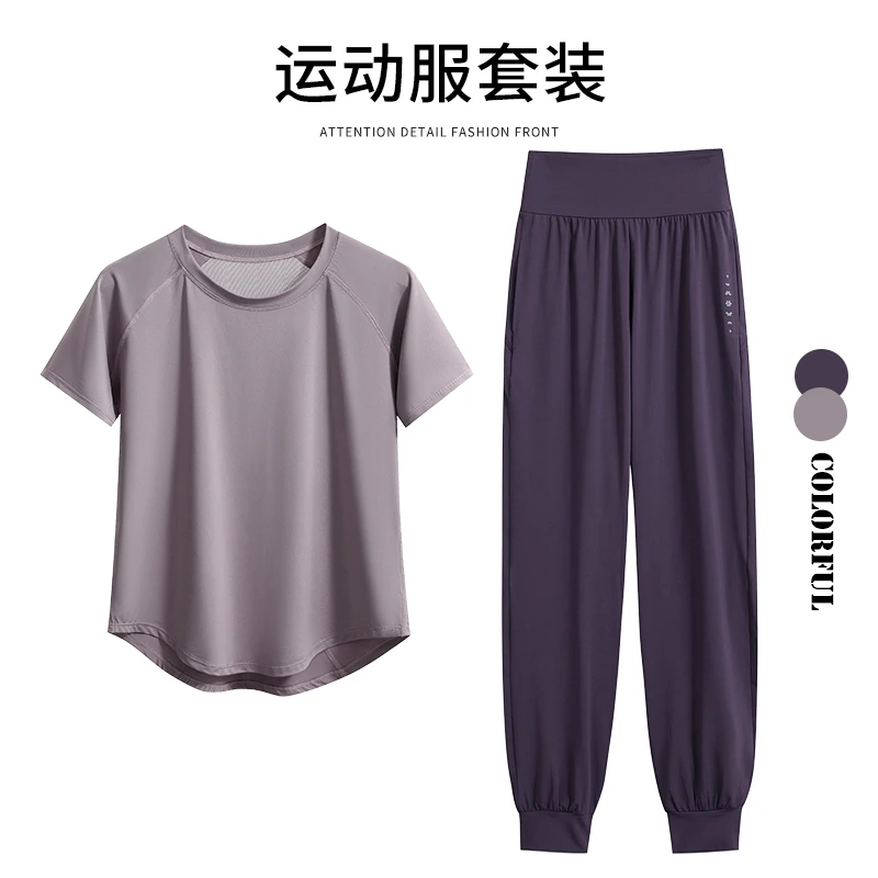 运动套装女春夏新款大码胖MM宽松速干短袖户外晨跑登山暴汗瑜伽服