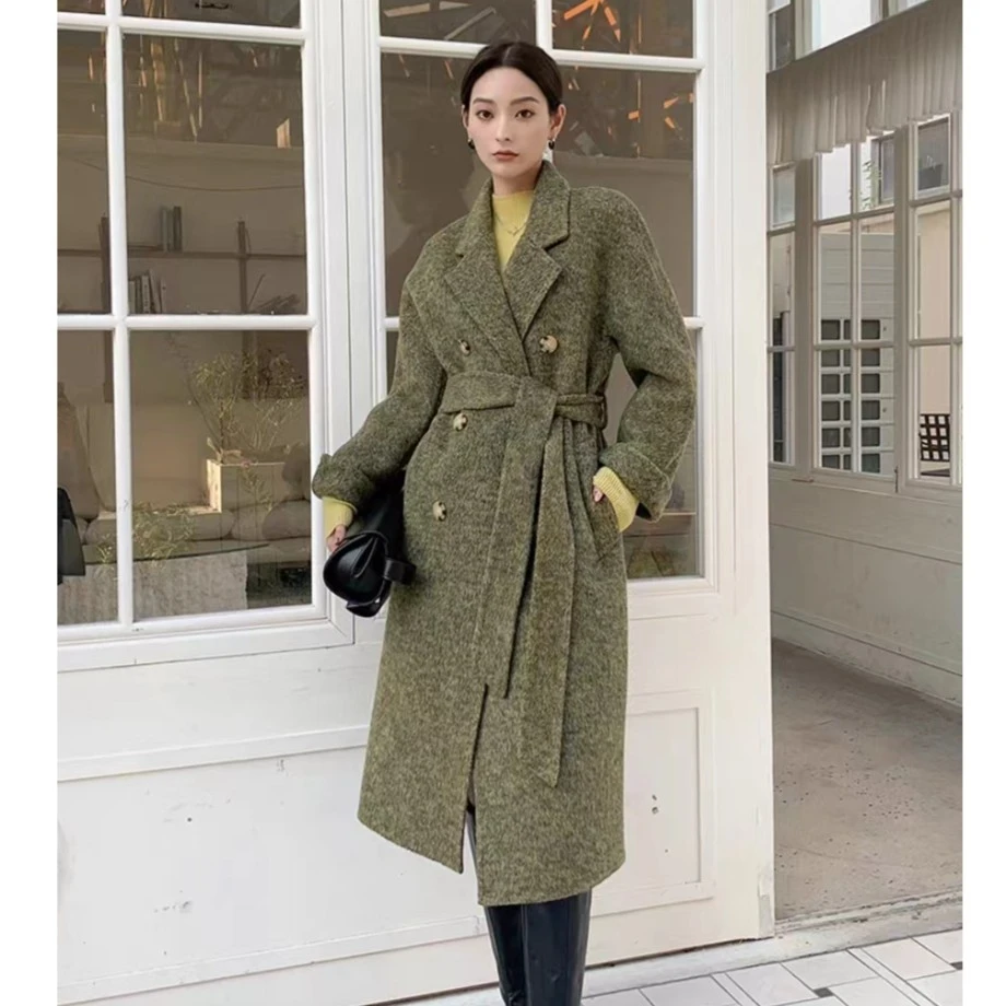 【高定奢品】M家韩版氛围宽松中长款双面毛呢外套双排扣大衣气质