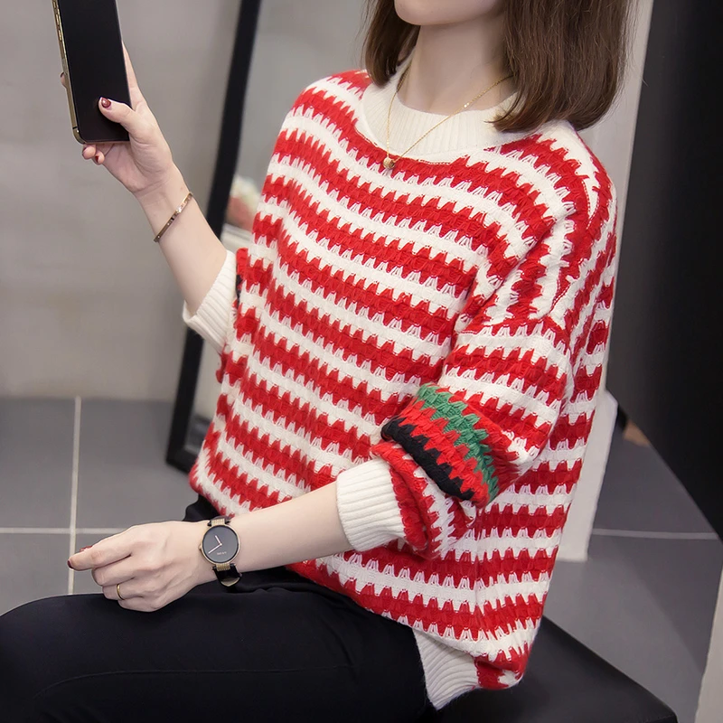 2024秋冬新款宽松加厚条纹毛衣大码女装微胖mm拼色长袖针织衫外搭