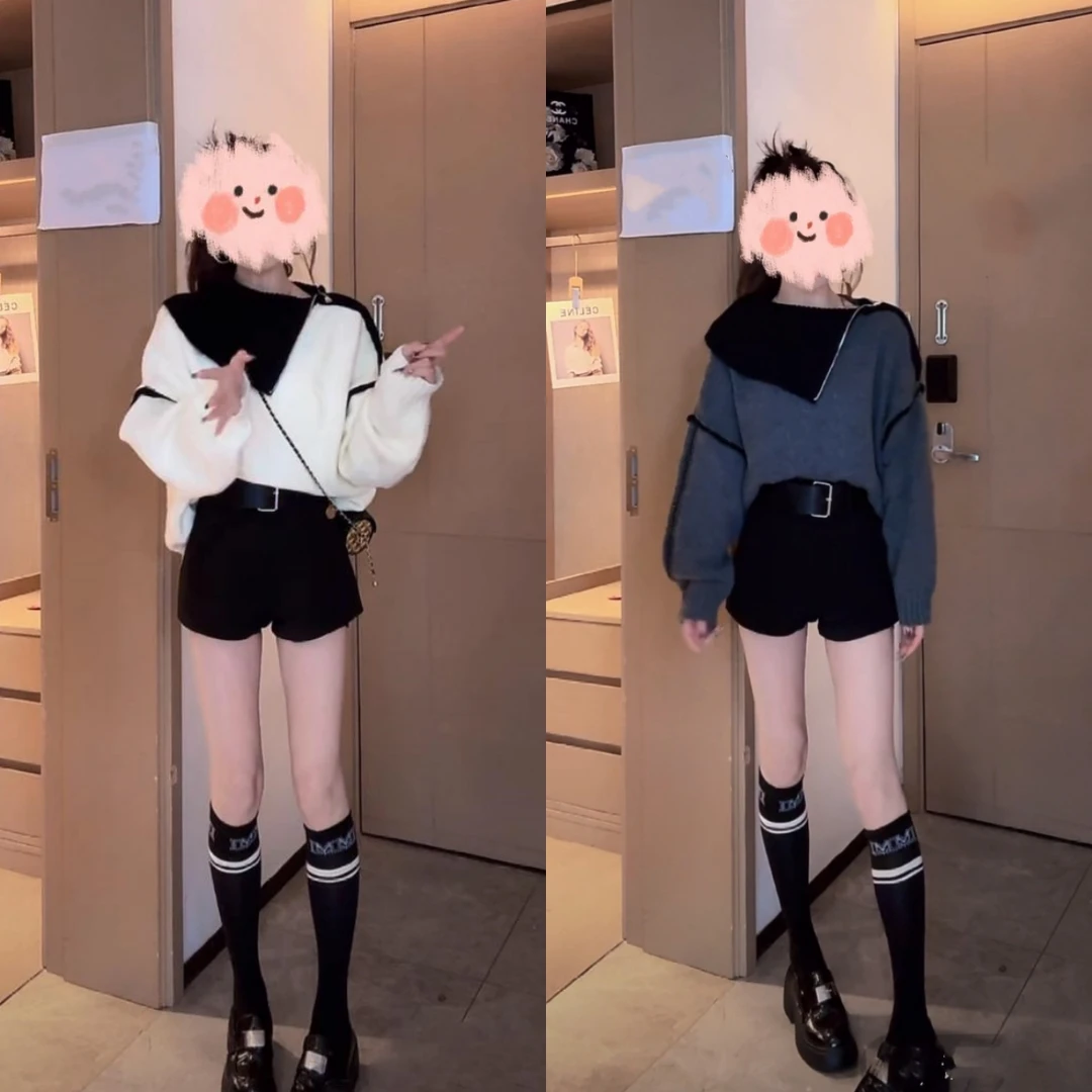 春秋时尚减龄不规则翻领露肩撞色毛衣显瘦针织上衣短裤两件套
