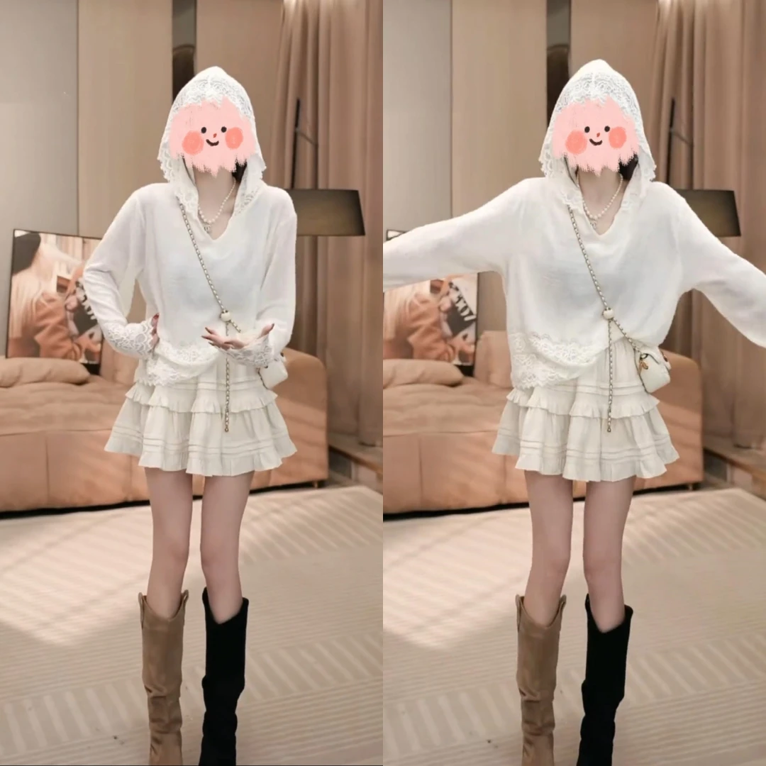 连帽蕾丝边拼接针织衫2024秋季新款重工钩花显瘦气质上衣