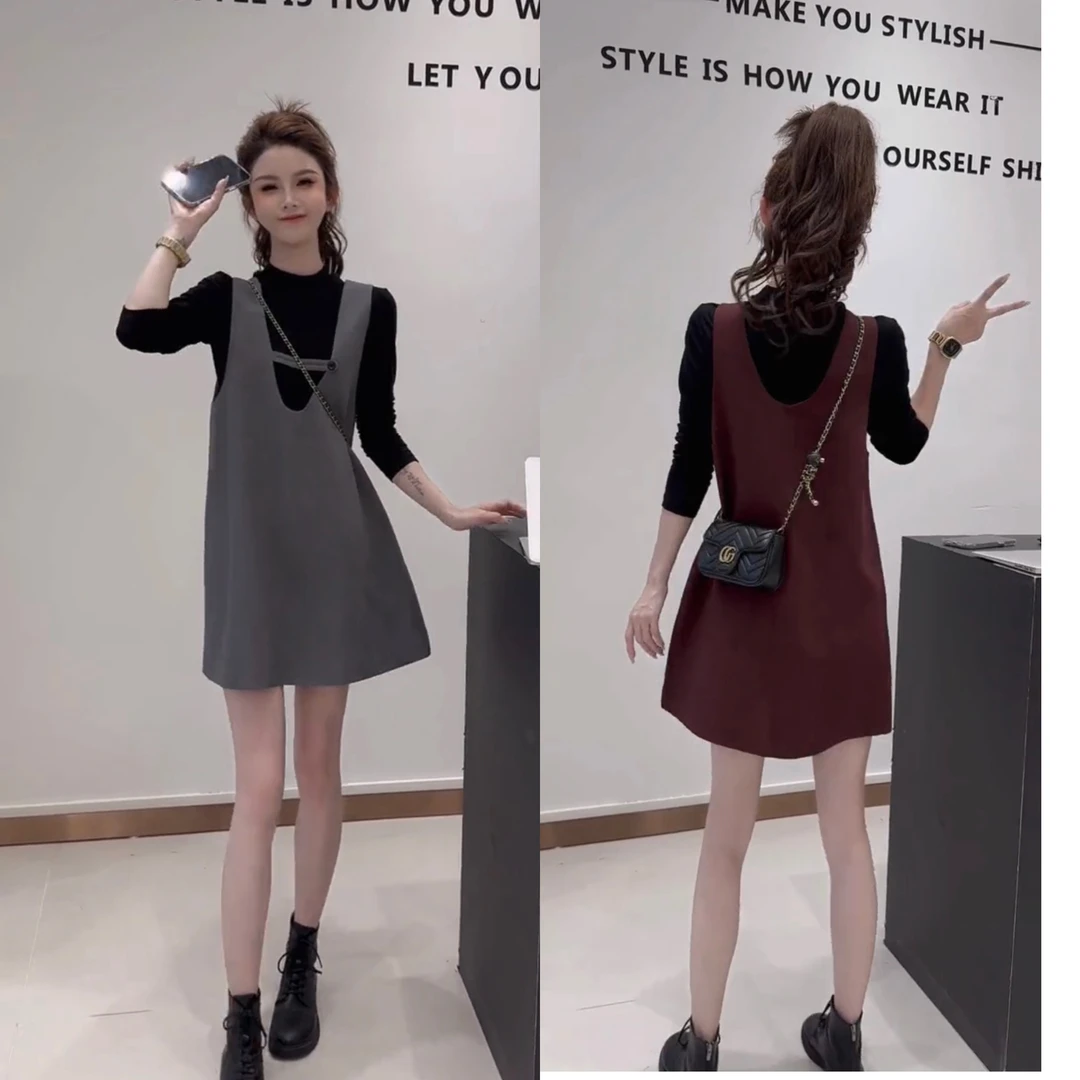 早春洋气减龄显瘦套装温柔甜美休闲长袖打底衫背心连衣裙两件套