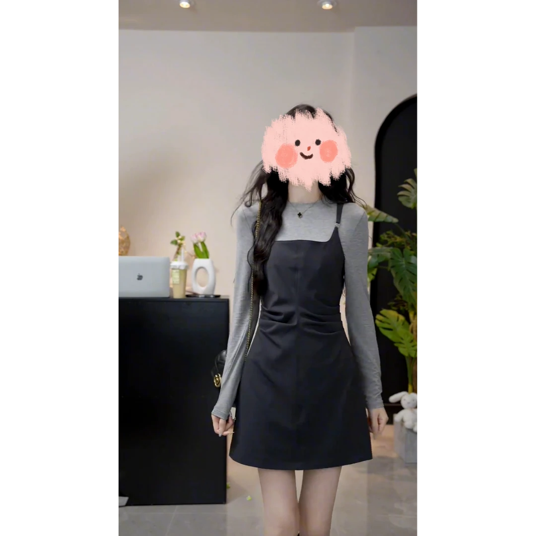 春季小个子高级感穿搭一整套显瘦长袖灰色上衣黑色吊带裙两件套