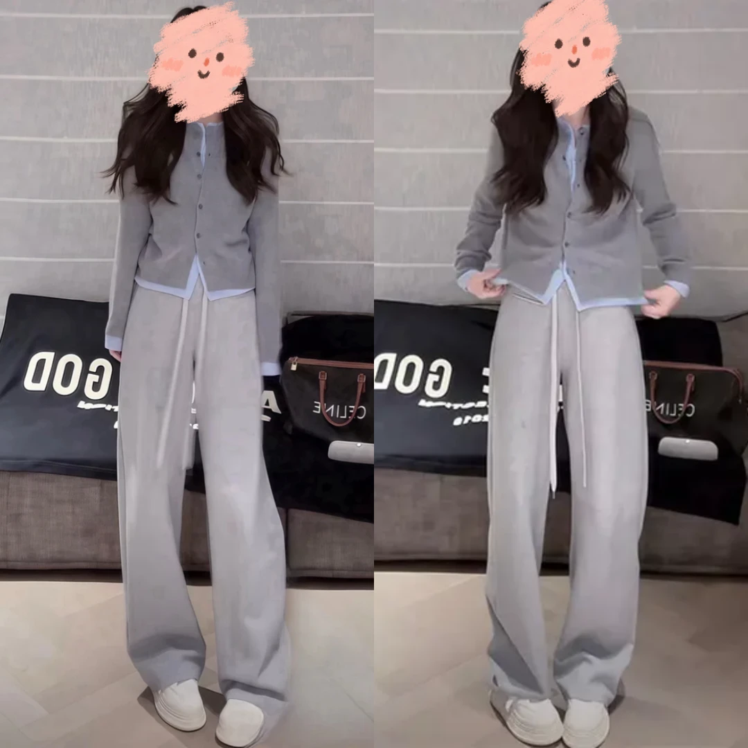 2025春季时尚网红修身显瘦假两件针织开衫+百搭高腰休闲直筒裤