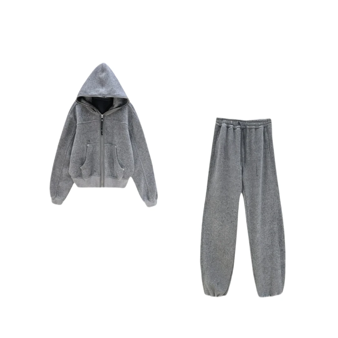 秋冬加绒时尚连帽休闲套装灰色韩版宽松洋气两件套