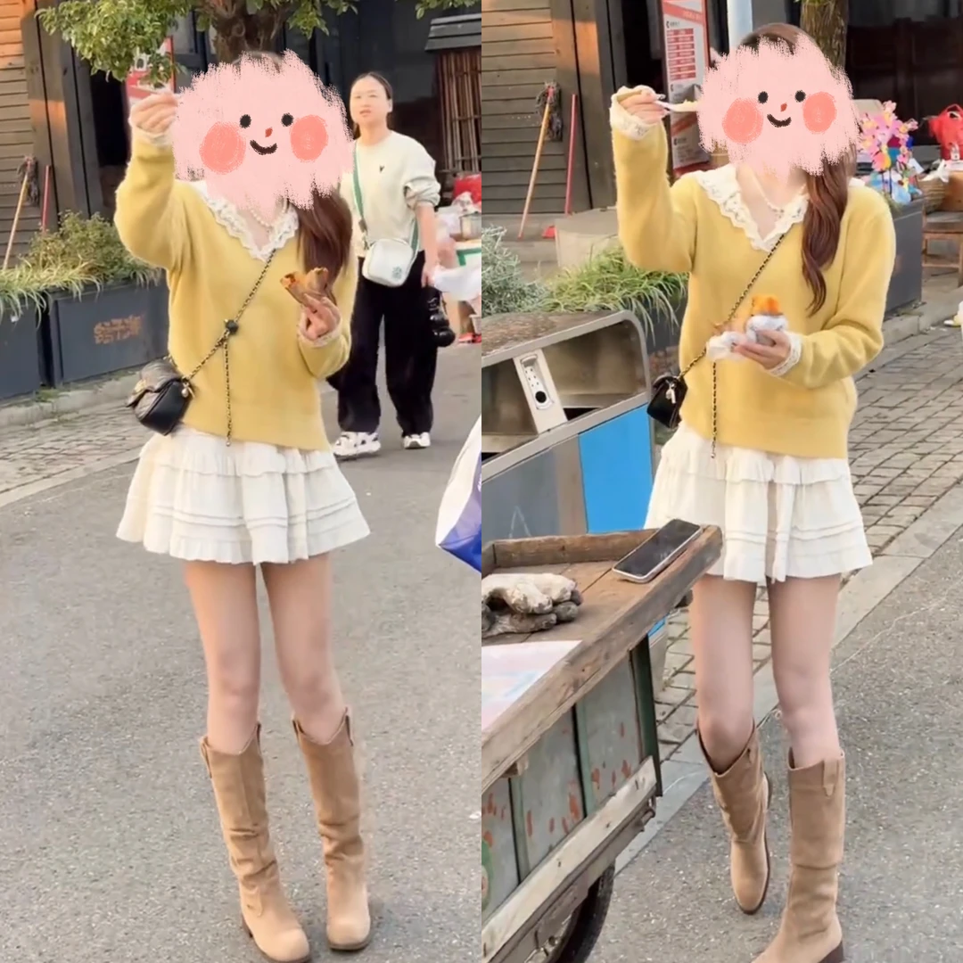 秋冬新款长袖连帽拼接蕾丝百搭慵懒风套头针织上衣荷叶边短裙套装