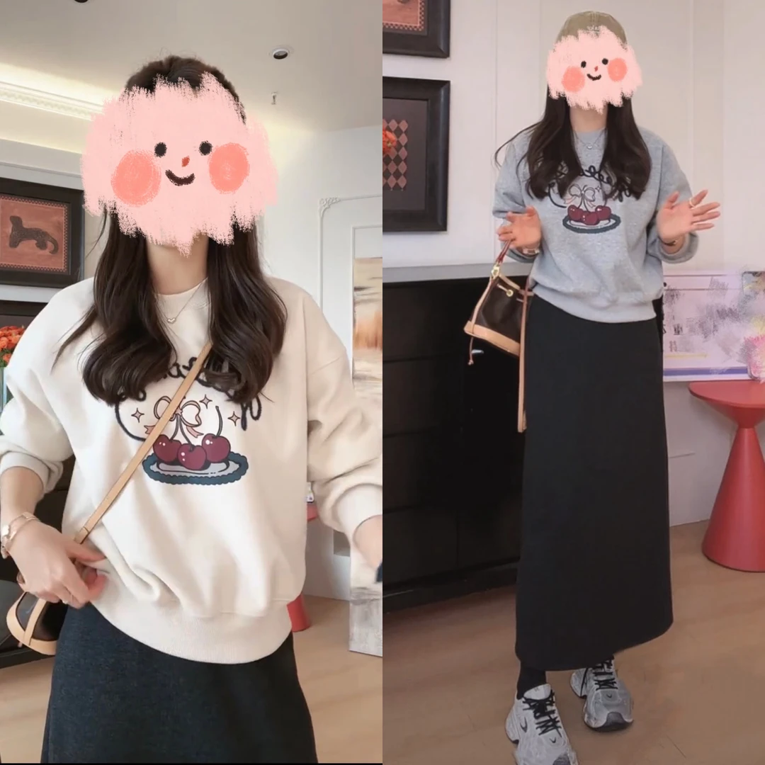 春季圆领字母樱桃加绒卫衣高腰开叉半身裙两件套