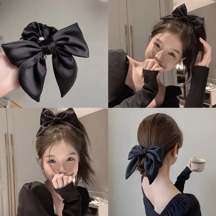 优雅甜美黑色蝴蝶结发饰高马尾发圈低丸子头头绳复古简约气质皮筋