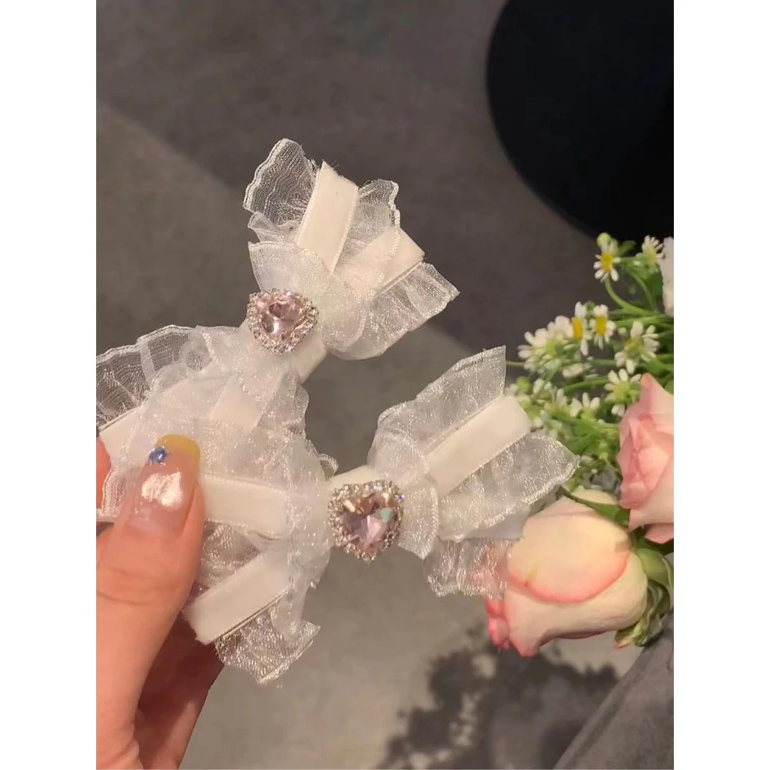 奶油泡芙粉钻蝴蝶结发夹芭蕾少女感雷瑟蝴蝶结闪钻小众重工甜美侧