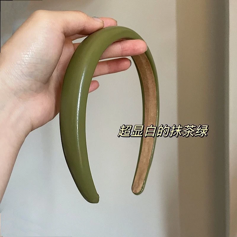 显白抹茶绿色漆皮质PU海绵细发箍韩系优雅日常外出显脸小头箍发饰
