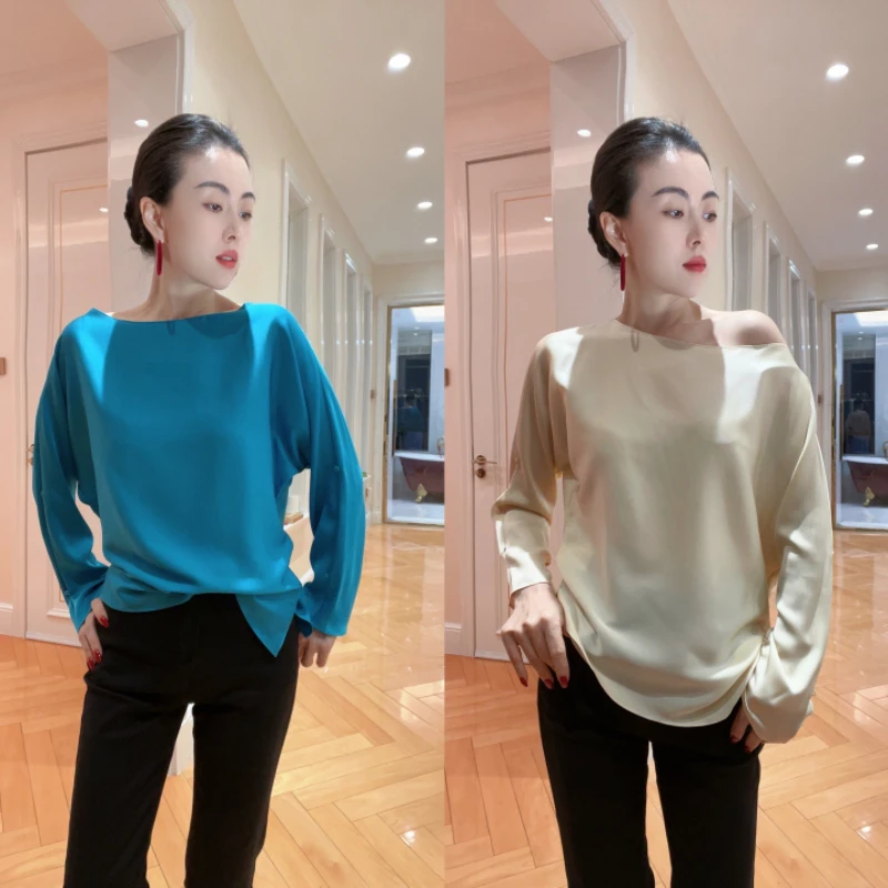 5282研家轻奢一字领真丝长袖可调节宽松不规则下摆开叉衬衫上衣