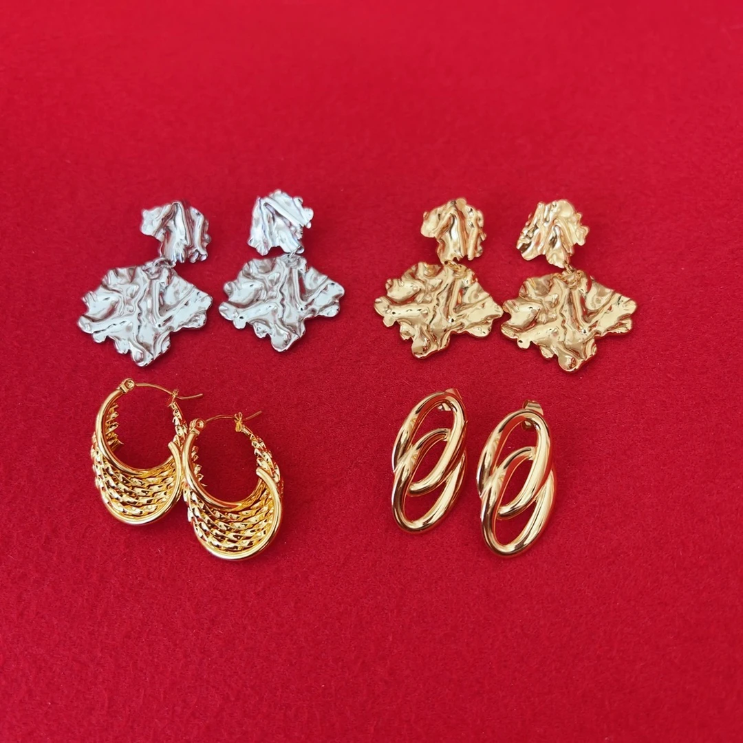 合金耳饰 5465 研家轻奢时尚锤纹褶皱树叶不规则几何耳环耳饰耳钉