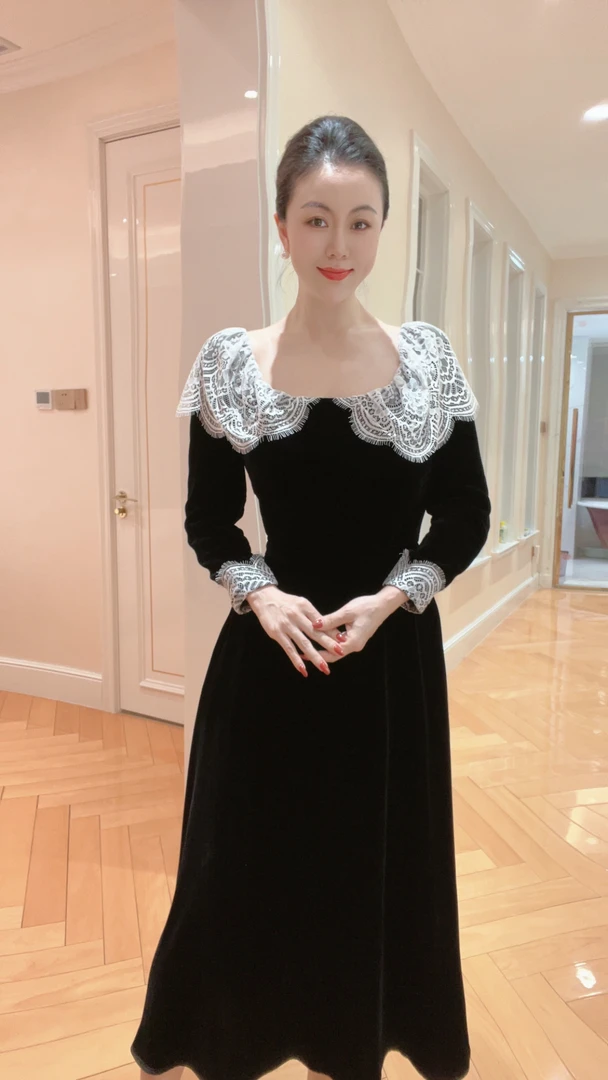 4237【法式复古】研家定制优雅高贵复古真丝绒撞色收腰显瘦连衣裙