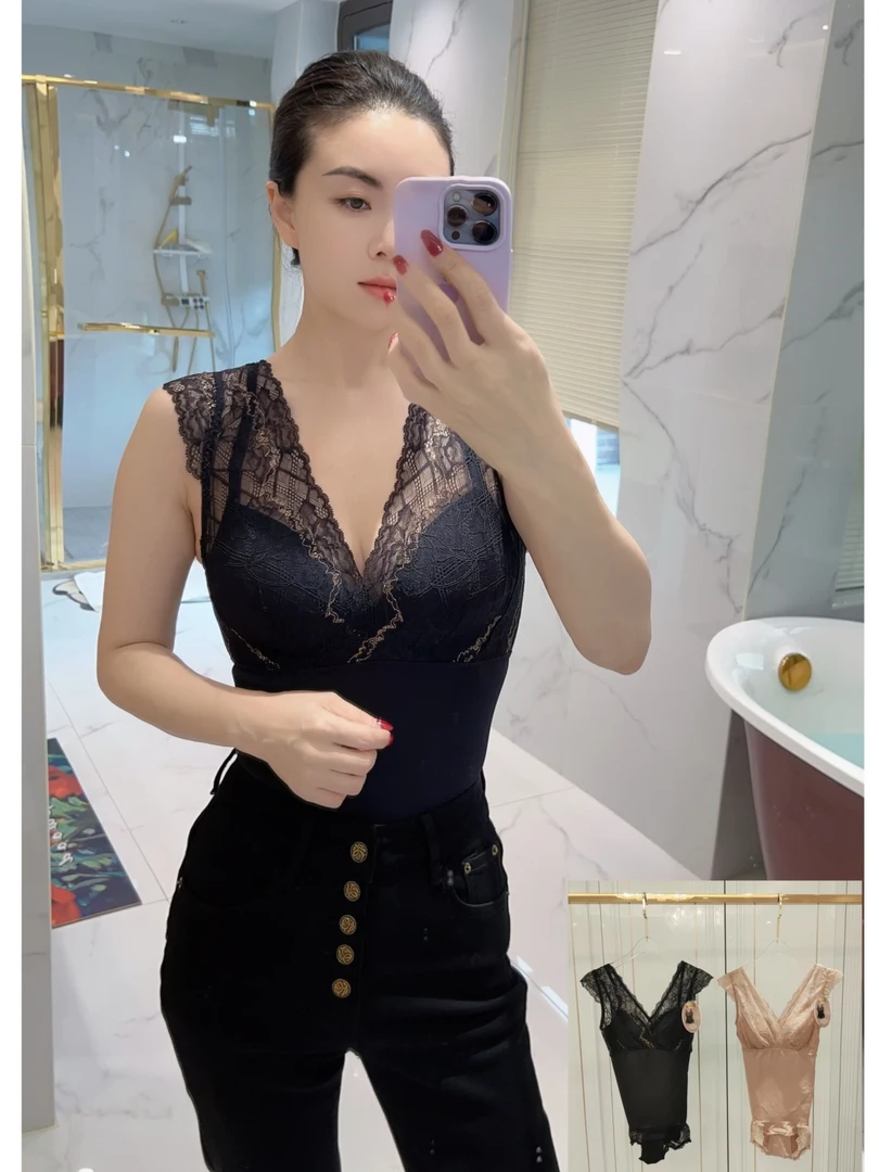 1438蕾丝边V领收腹连体裤