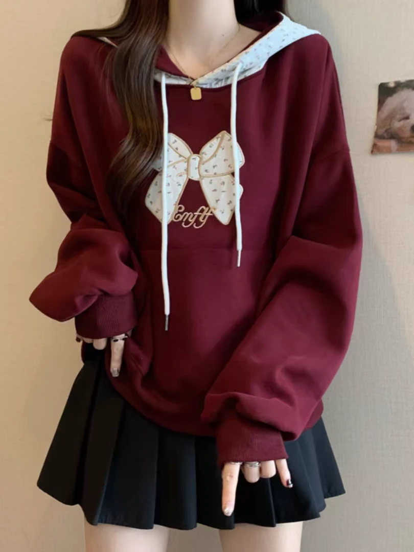 学院风碎花拼接连帽卫衣女秋冬韩版学生小个子贴布绣蝴蝶结显瘦衣