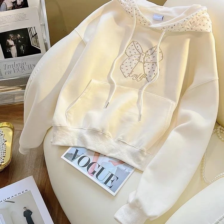 学院风碎花拼接连帽卫衣女秋冬韩版学生小个子贴布绣蝴蝶结显瘦衣