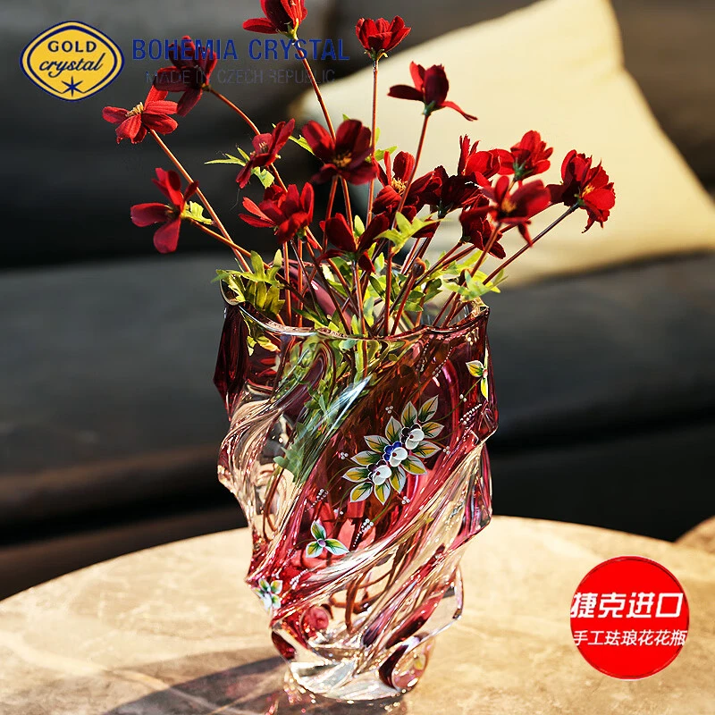 捷克BOHEMIA原装进口水晶玻璃花瓶描金珐琅欧式装饰轻奢摆件高档