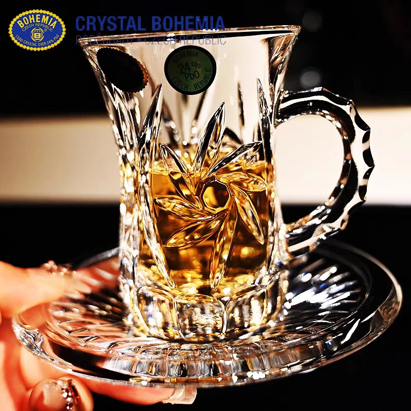 捷克BOHEMIA进口水晶玻璃家用带碟子咖啡杯花茶杯牛奶杯欧式高档