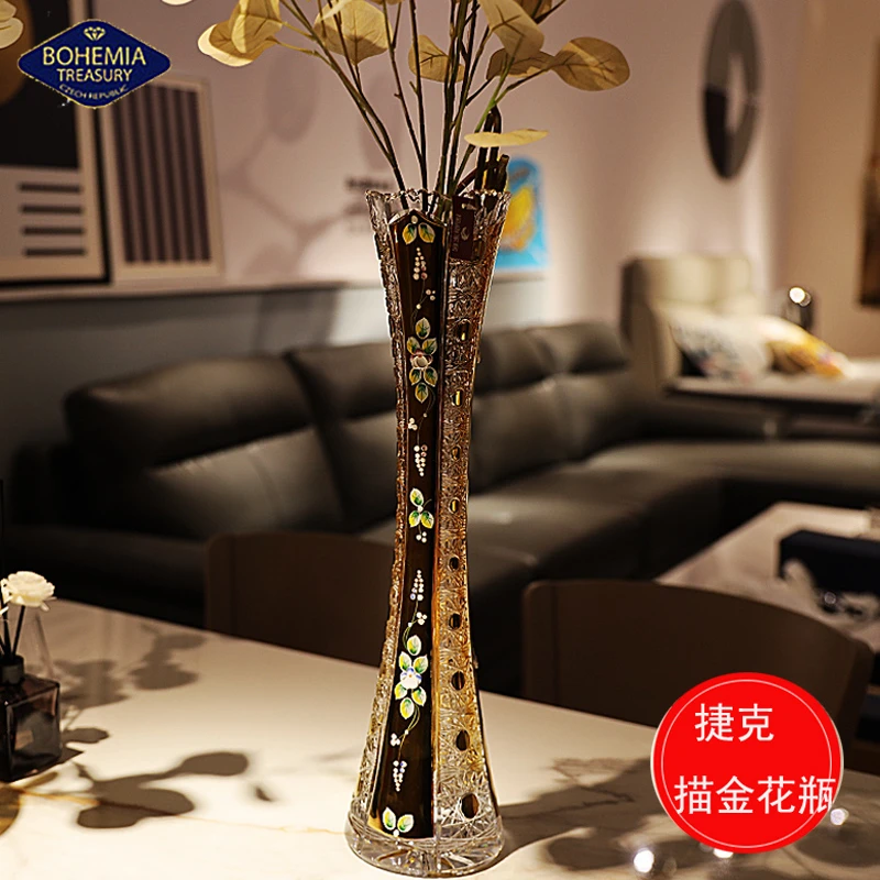 捷克BOHEMIA进口手工精刻水晶玻璃金色落地北欧摆件轻奢插花瓶