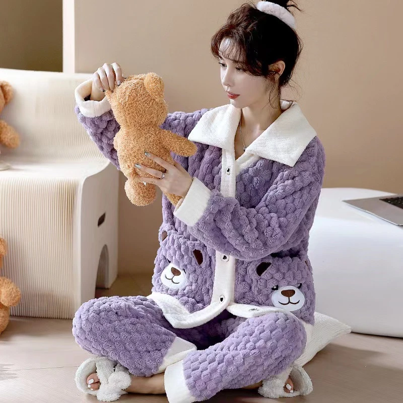 (雷洛家）睡衣女暖绒甜美可爱学生可外穿加绒加厚法兰绒宽松家居服