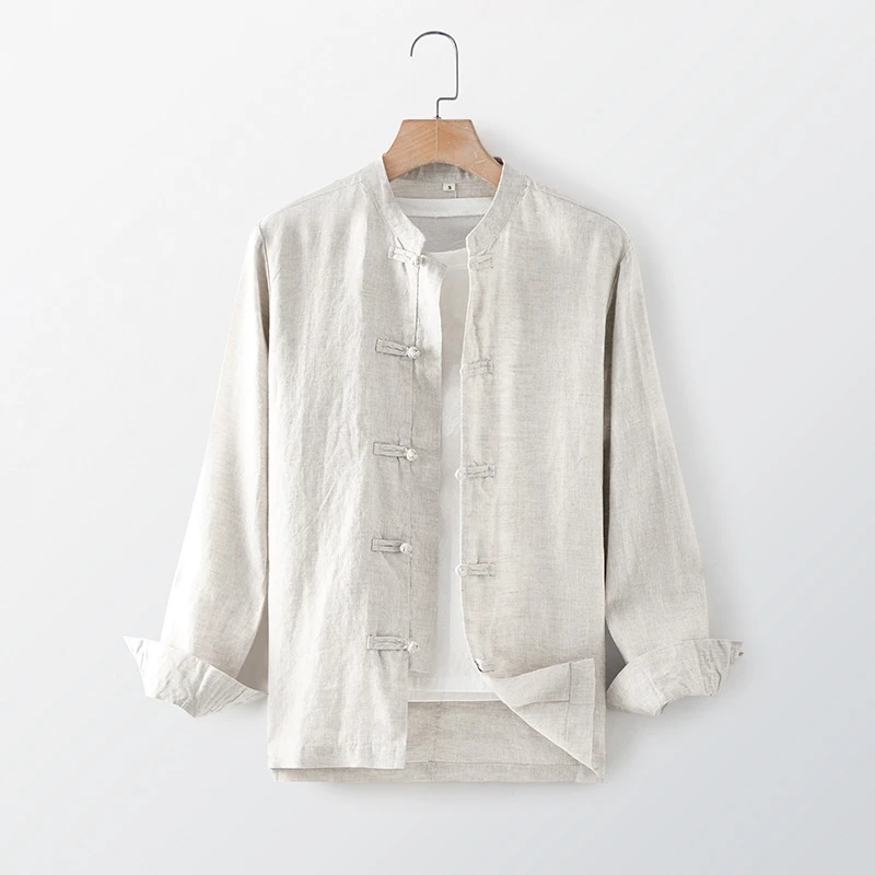 2023新款男士亚麻衬衫中式立领亚麻男装休闲宽松复古盘扣开衫F011