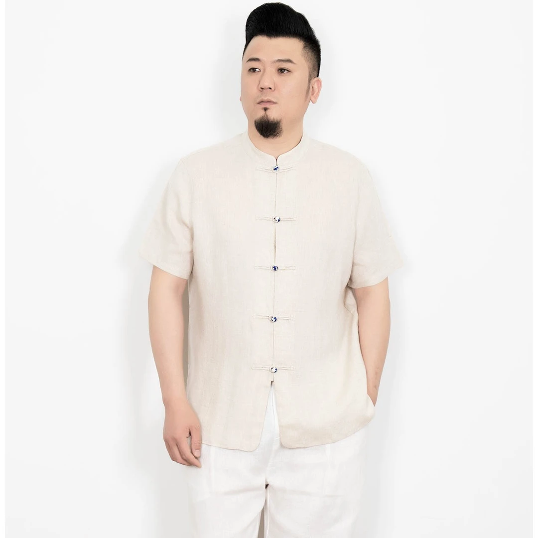 夏季新款男士纯亚麻短袖中式衬衫国风陶瓷扣立领开衫唐装上衣