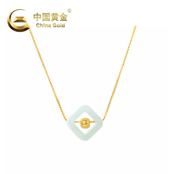 China Gold/中国黄金5D足金金珠和田玉吊坠 百搭简约方形时尚套链