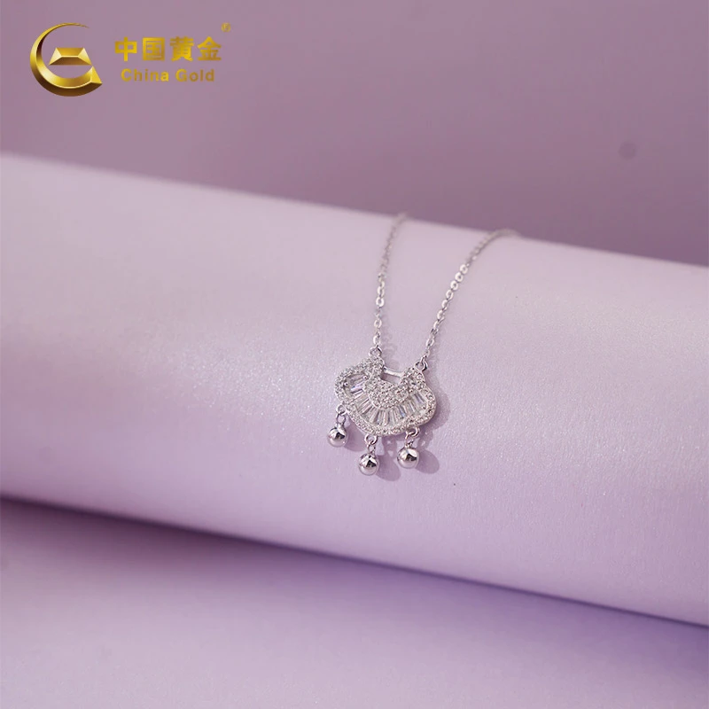 坠链均925银合成锆石 平安如意锁套链轻奢百搭高级感锁骨饰品国潮