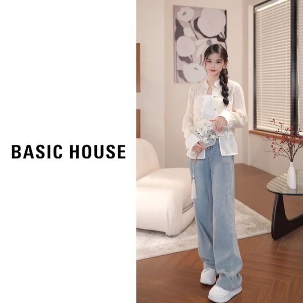 Basic House/百家好新中式国风蕾丝薄款刺绣盘扣衬衫B0183B57772