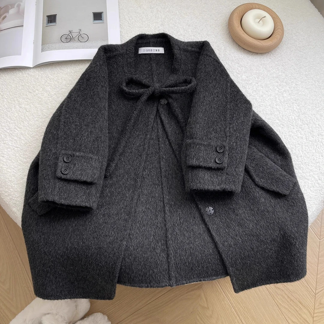 韩版童装2024冬季新款深灰色仿羊绒呢大衣男女童蝴蝶结毛呢时尚款