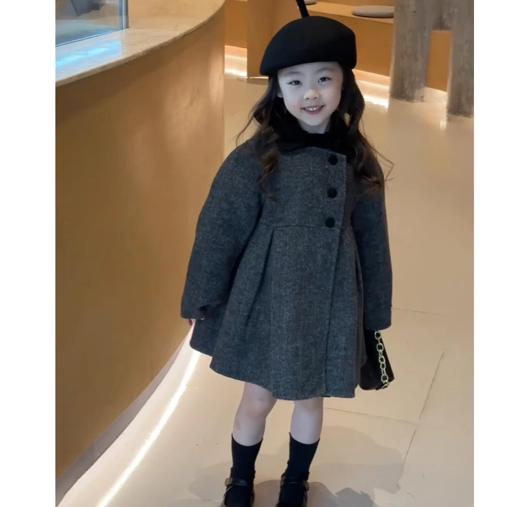 韩版女童毛呢外套秋冬季2024新款洋气宝宝时尚儿童深灰色休闲大衣