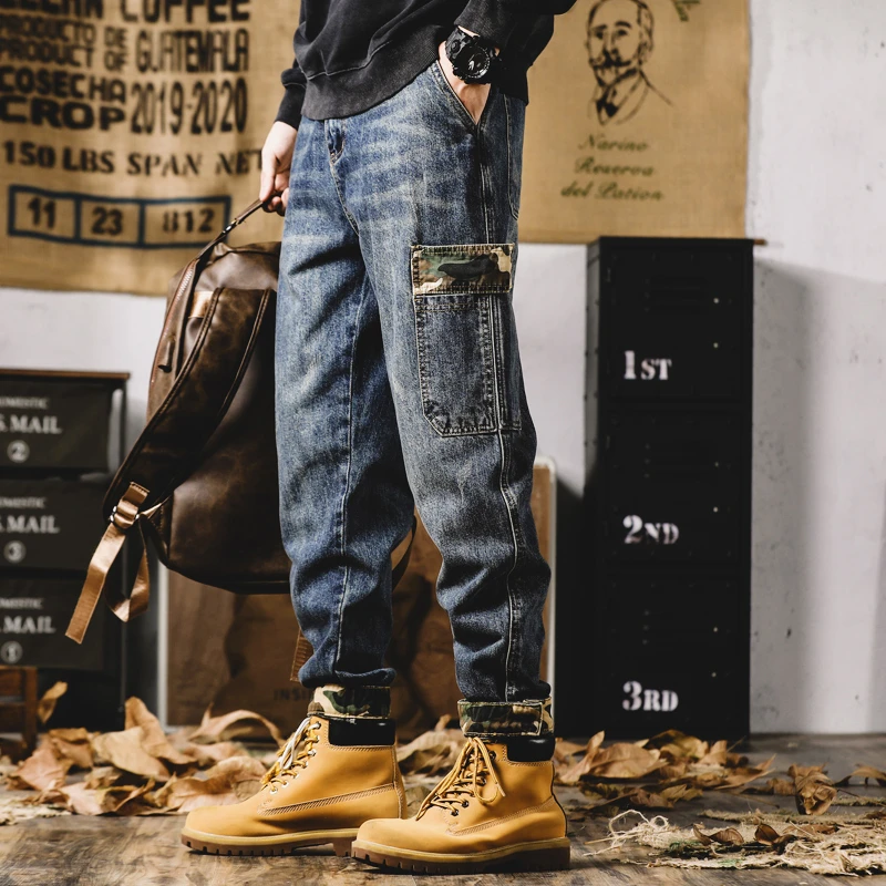 美式重磅牛仔裤男撞色贴袋直筒宽松ins百搭2025秋冬做旧长裤子男