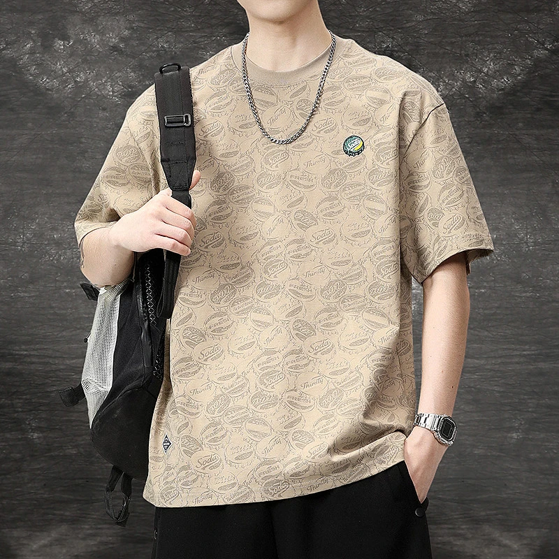 重磅230g纯棉洗水短袖T恤男夏季时尚满印花宽松舒适休闲上衣