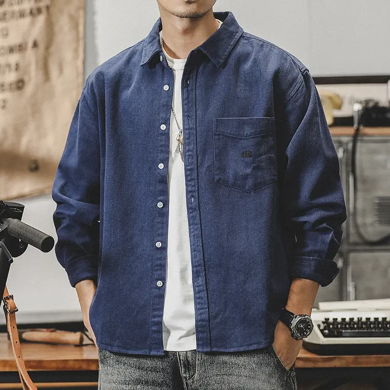 美式重磅磨毛复古长袖衬衫男宽松潮牌ins日系休闲衬衣男秋冬外套