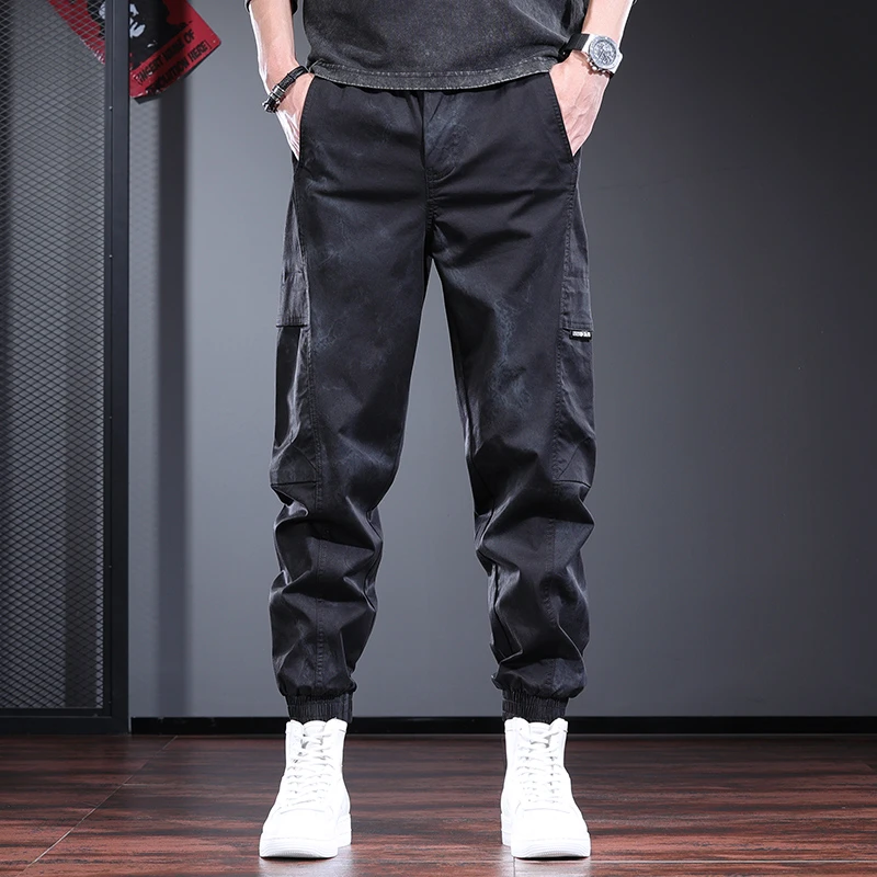 高端美式迷彩工装裤子男潮牌宽松束脚哈伦裤黑色高级感男士休闲裤