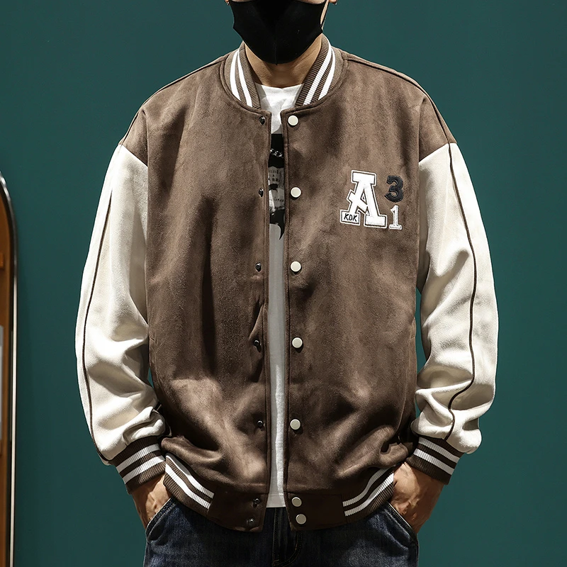 潮牌复古重磅麂皮绒棒球服外套男2025秋冬大码工装飞行夹克潮秋冬