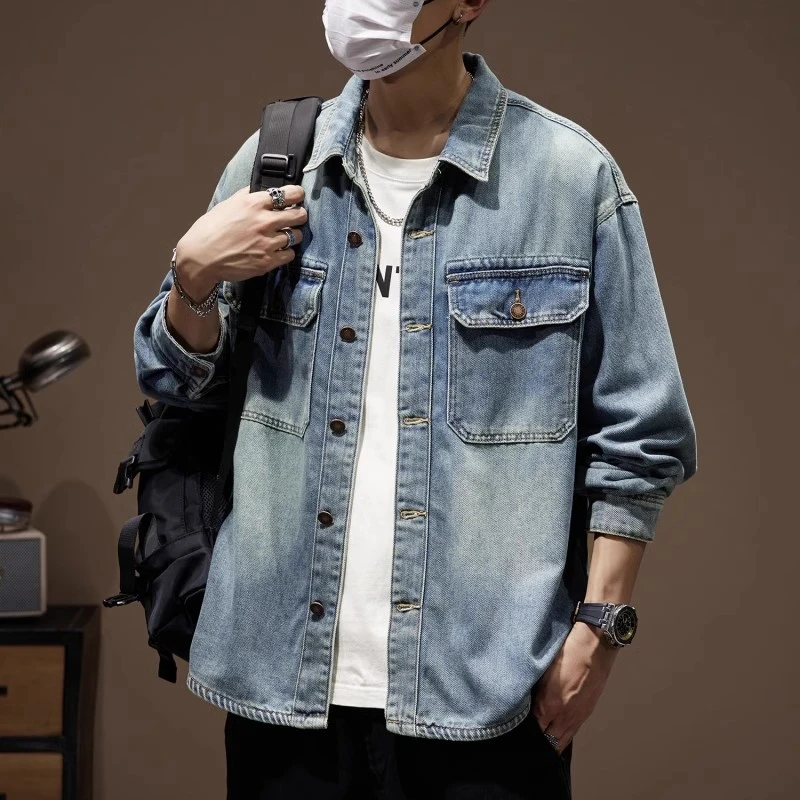 工装牛仔衬衫男士秋冬2025新款宽松痞帅复古水洗衬衣外套男装