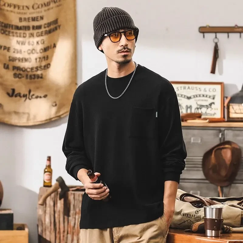 美式重磅肌理感t恤男长袖秋冬潮牌宽松黑色上衣男士简约百搭体恤