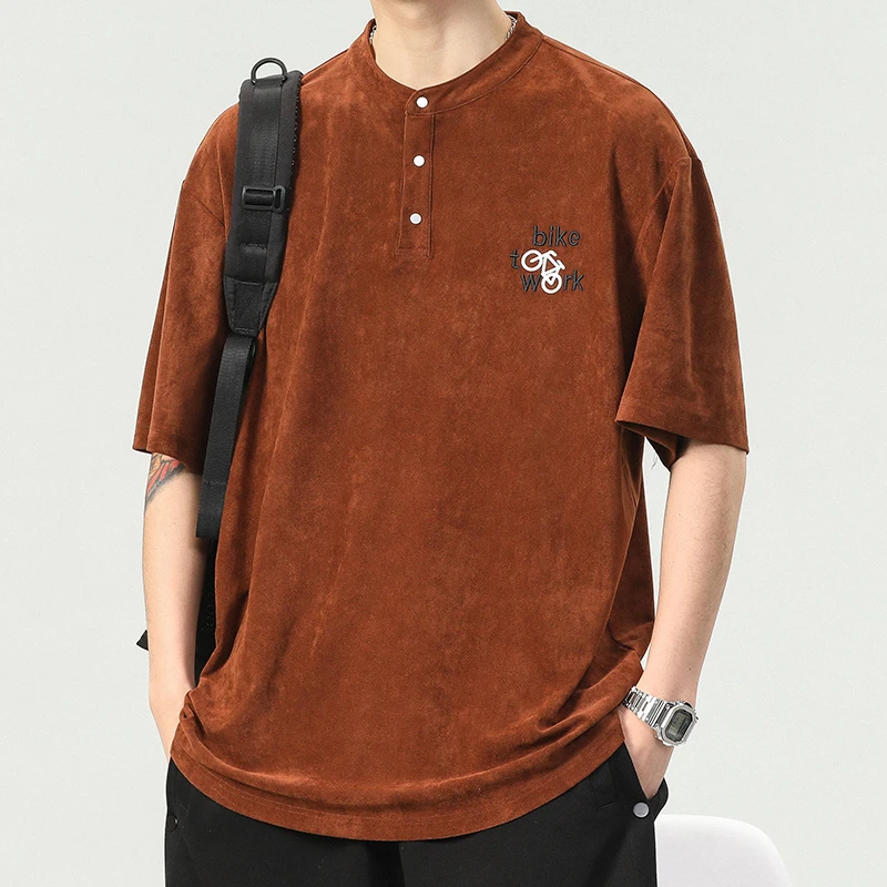 夏季重磅垂感鹿皮绒复古高端短袖POLO衫男大码男士美式温莎领T恤