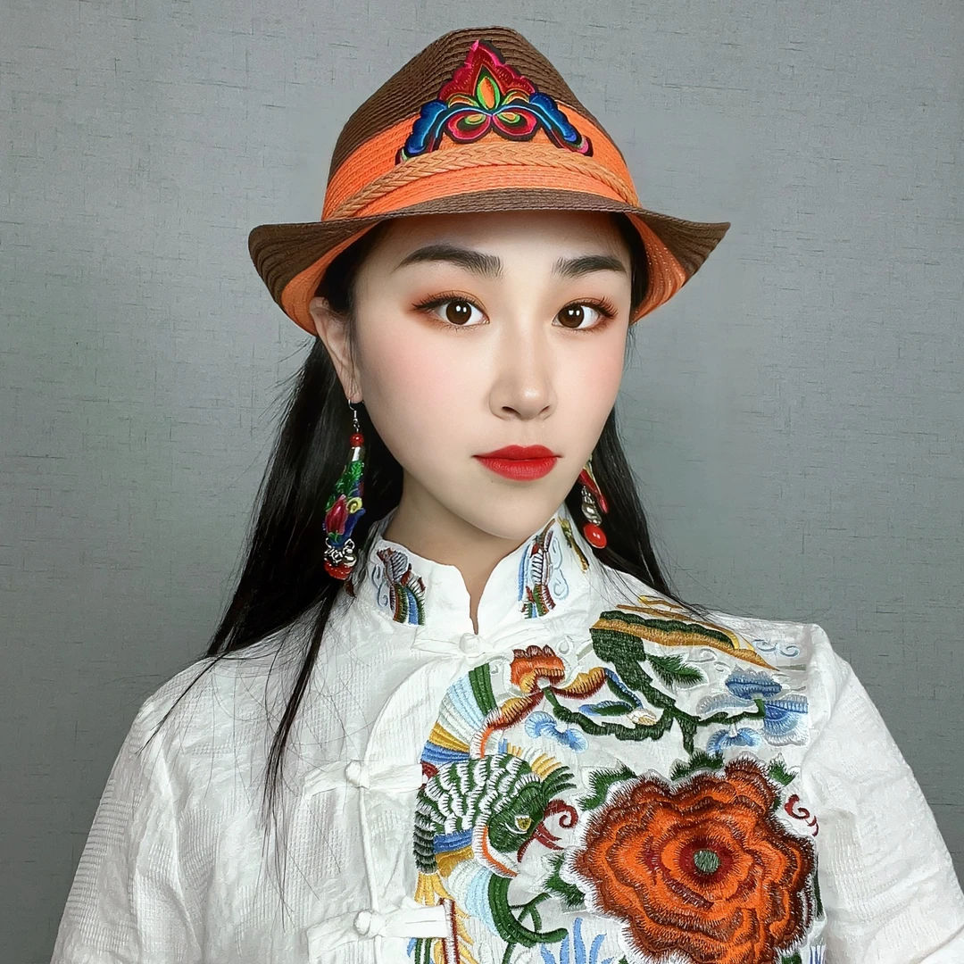 民族风刺绣遮阳草帽女礼帽爵士帽百搭防晒太阳