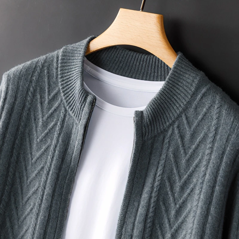 23秋冬新款纯羊毛开衫男宽松半高领加厚毛衣外套休闲商务针织上衣