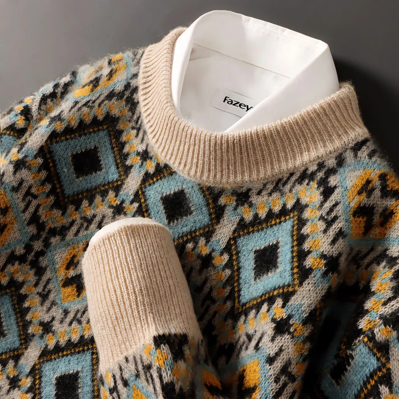 男士纯羊毛衫秋冬新款宽松圆领加厚复古套头毛衣休闲商务针织打底