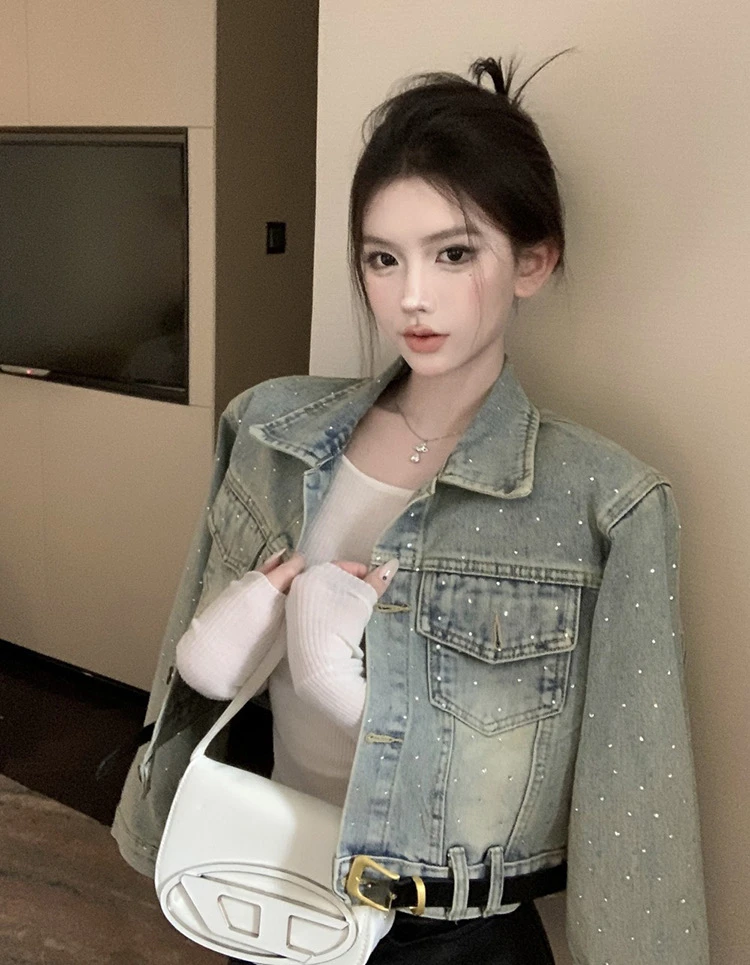 重工镶钻长袖牛仔外套女秋季2025新款甜酷风复古短款时尚夹克上衣