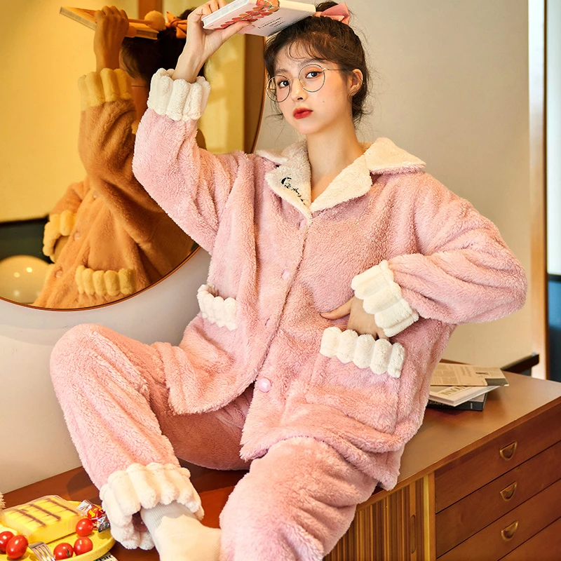 法兰绒睡衣女士秋冬季珊瑚绒加厚卡通韩版可外穿家居服套装 2187