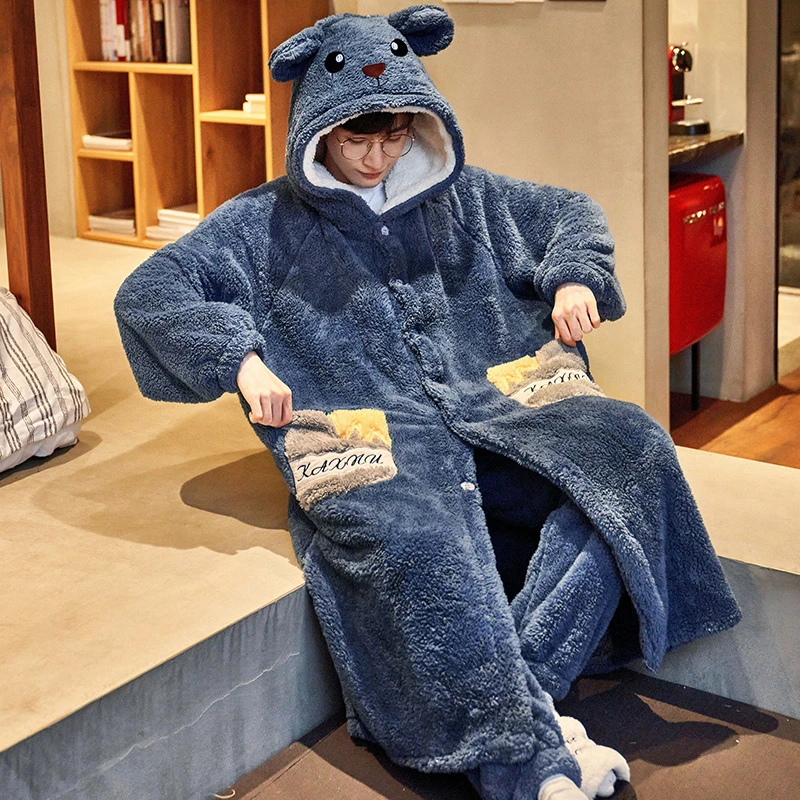 男士珊瑚绒睡袍连帽保暖秋冬季法兰绒睡衣男宽松家居服套装 1196