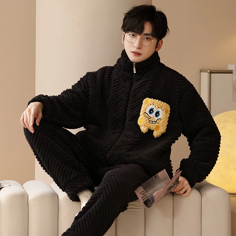 秋冬季法兰绒男士睡衣休闲保暖珊瑚绒宽松拉链款家居服套装 1246