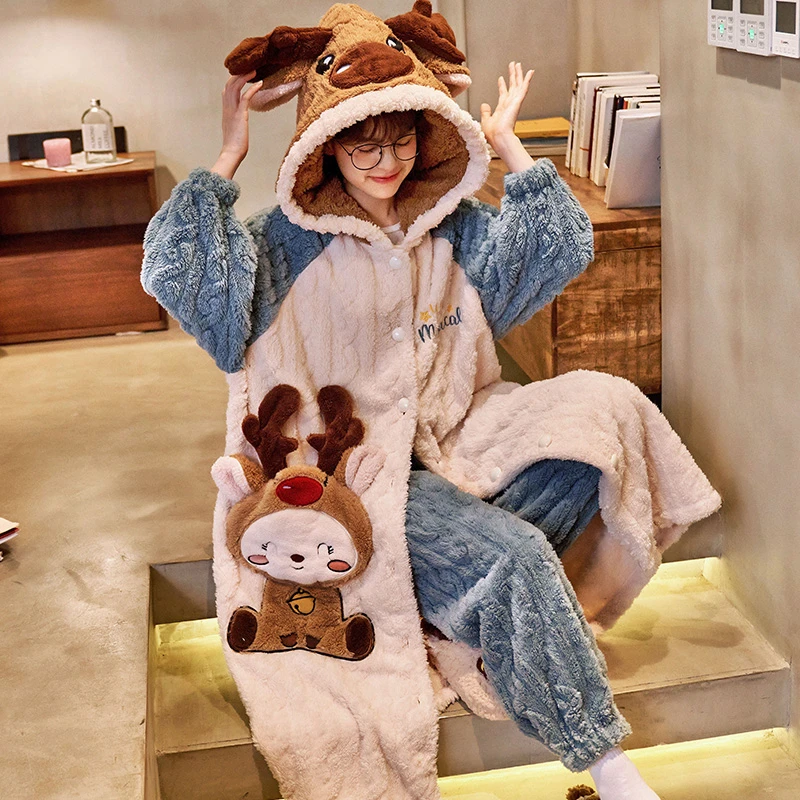 珊瑚绒睡袍女士秋冬季法兰绒睡衣女连帽加厚保暖卡通家居服 2206