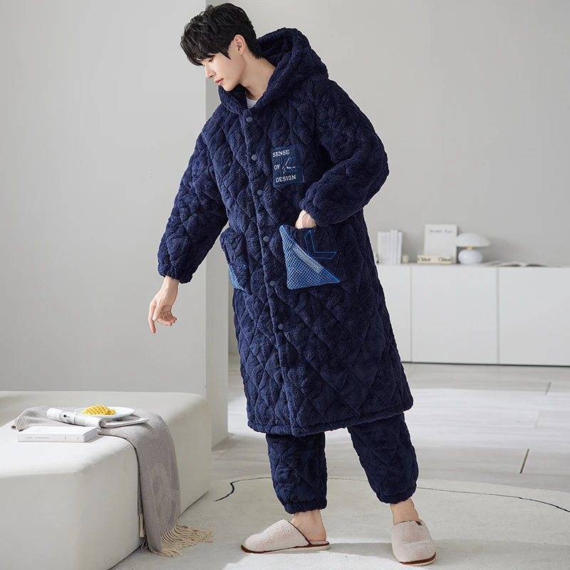 三层夹棉加厚睡袍冬季男士睡衣加厚加绒秋冬款珊瑚绒家居服 7841